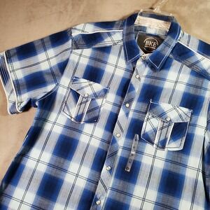 BKE Shirt Mens XL Blue Plaid Pearl Snap Standard Fit Short Sleeve Western NEW